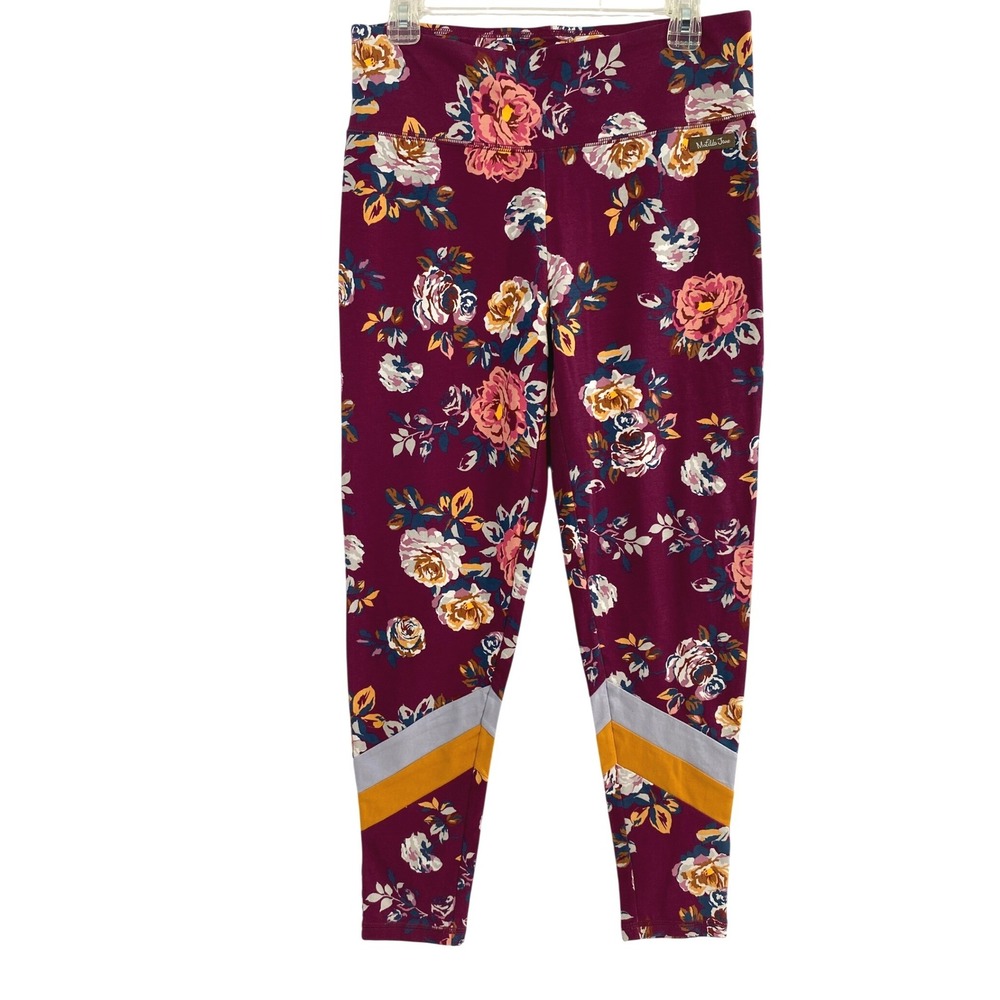 Matilda Jane Floral Leggings Women Large Burgundy Mustard Yellow Activewear Yoga